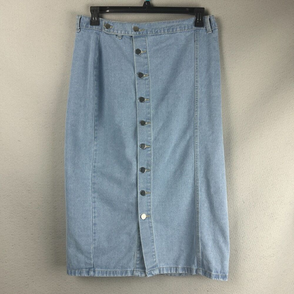 Shein Womens 1XL Light Wash Denim Pencil Midi Skirt High Waist Jean Skirt
